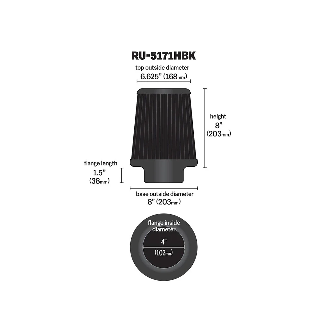 K&N RU-5171HBK UNIVERSAL REUSABLE CLAMP ON AIR FILTER 4"FLG, 8"B, 6-5/8"T; 8"H - Image 2